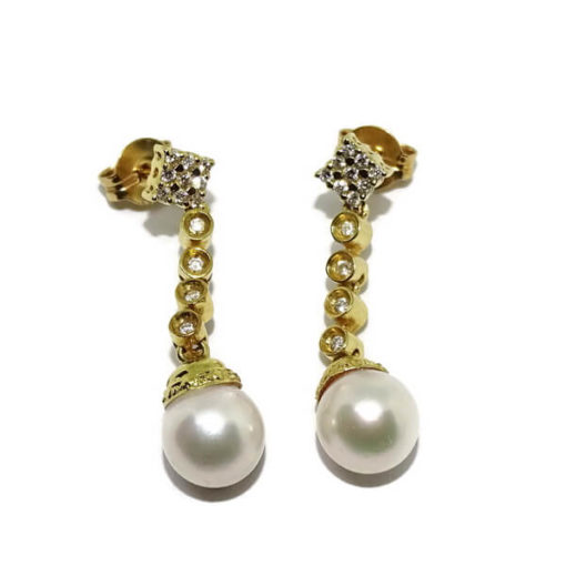 Pendientes de diamantes con perlas oro amarillo 0.39 quilates - Imagen 3