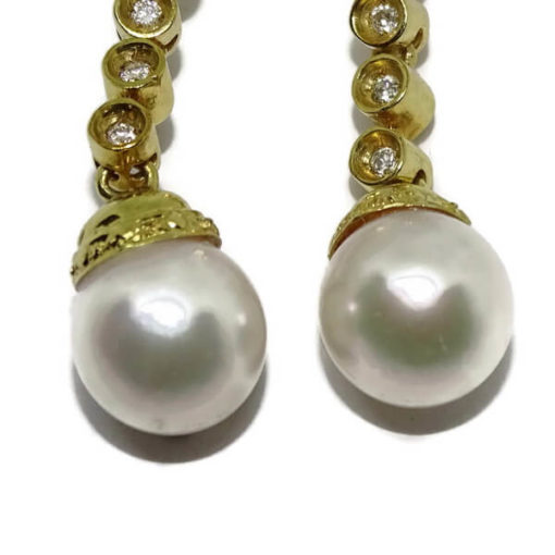 Pendientes de diamantes con perlas oro amarillo 0.39 quilates - Imagen 5