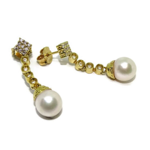 Pendientes de diamantes con perlas oro amarillo 0.39 quilates - Imagen 6