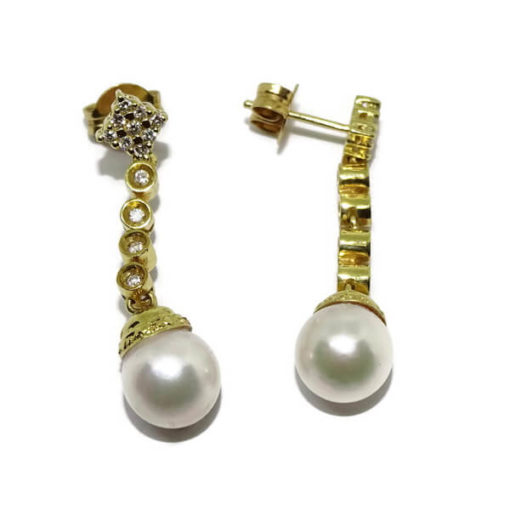 Pendientes de diamantes con perlas oro amarillo 0.39 quilates - Imagen 7