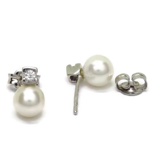Pendientes de diamantes con perlas oro blanco 0.08 quilates - Imagen 4