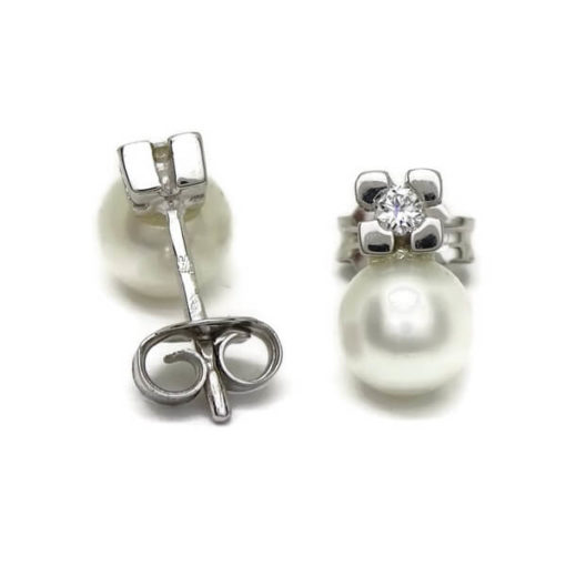 Pendientes de diamantes con perlas oro blanco 0.10 quilates - Imagen 5