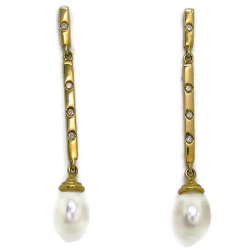 Pendientes largos de diamantes perlas cultivadas 0.08 quilates