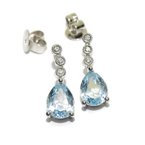 Pendientes largos diamantes topacio azul oro blanco 0.06 quilates