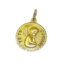 Medalla Ángel de la Guarda “Yo te cuidaré” de oro amarillo de 18k — 13 mm