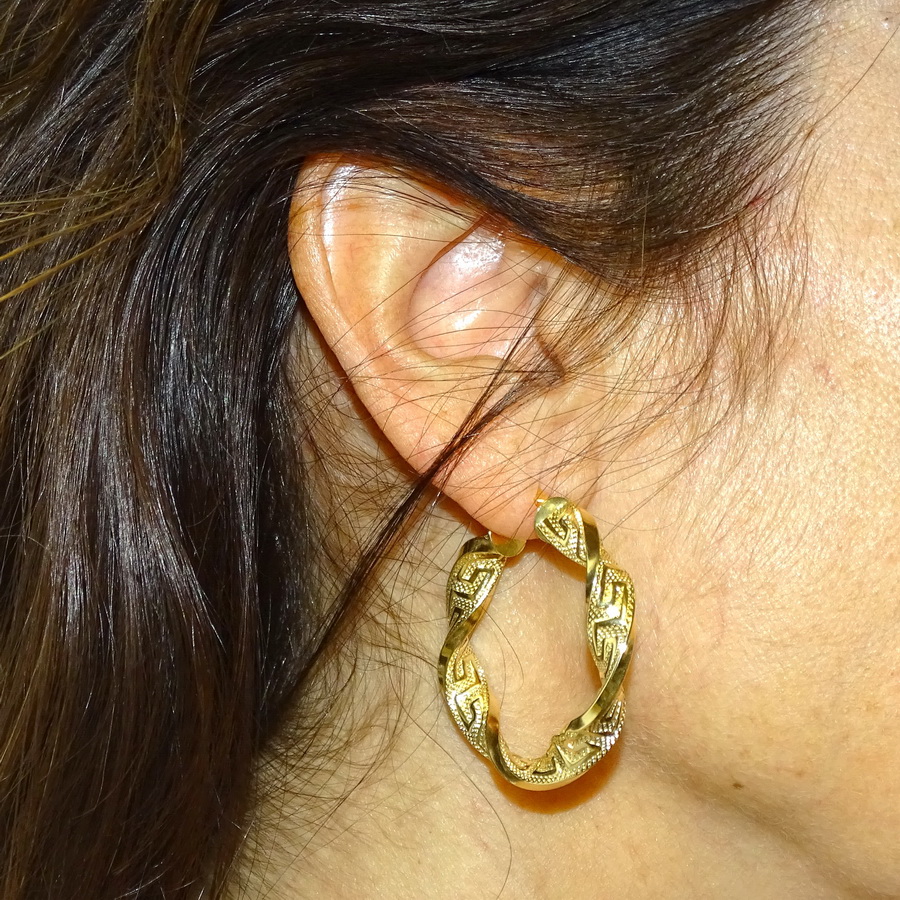 Pendientes de Aro Oro 18 Quilates Mujer – Aros Anchos 3,7 cm con Greca – Oro Amarillo 750 – Grandes y Vistosos – 4,80 g - Imagen 2