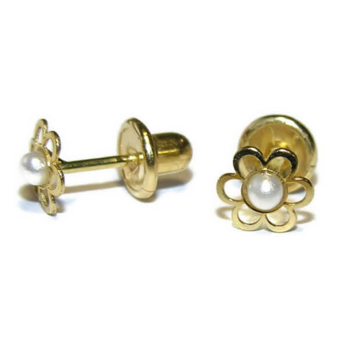 Pendientes de flor perla y oro para bebe - Imagen 2