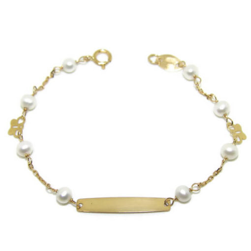 Pulsera bebe placa,  perlas y mariposas