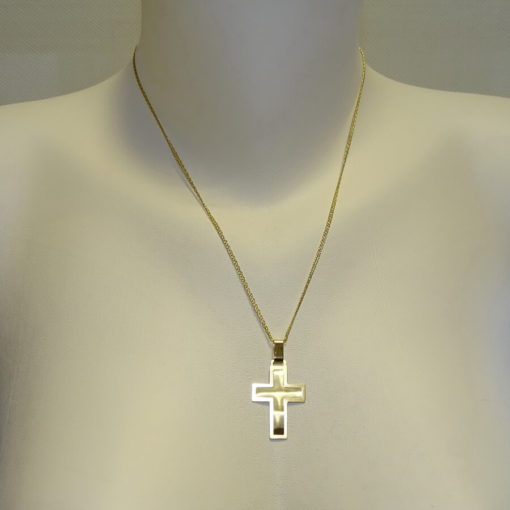 cruz lisa grande bicolor y cadena oro 18k - Imagen 2