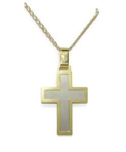 cruz lisa grande bicolor y cadena oro 18k