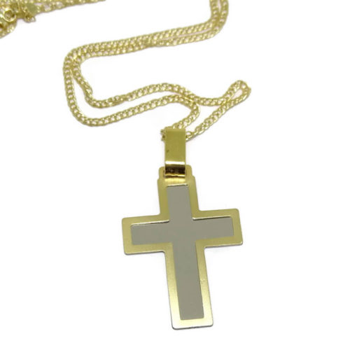 cruz lisa grande bicolor y cadena oro 18k - Imagen 4