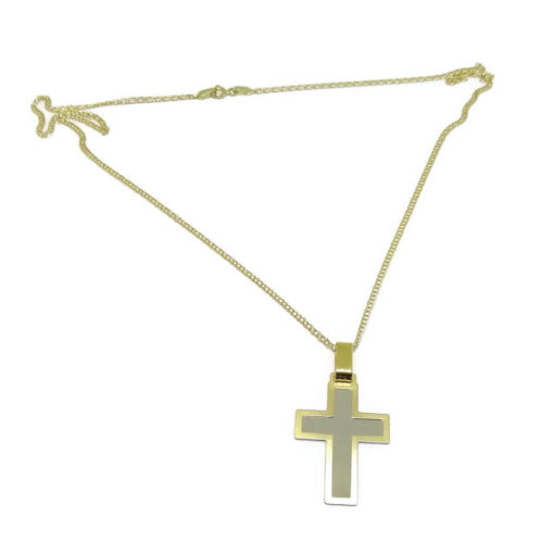 cruz lisa grande bicolor y cadena oro 18k - Imagen 6