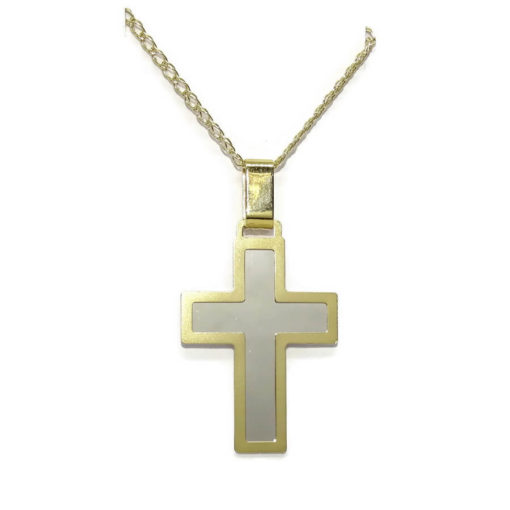 cruz lisa grande bicolor y cadena oro 18k