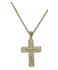 Cruz bicolor con Cristo artesanal con cadena todo oro 18k