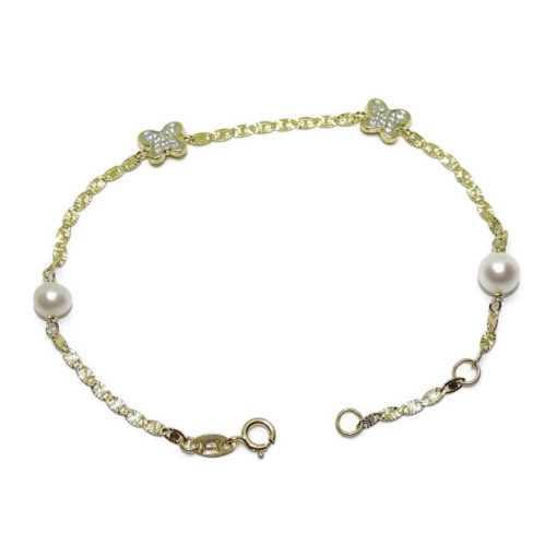 Pulsera para comunión de niña con mariposas y perlas cultivadas