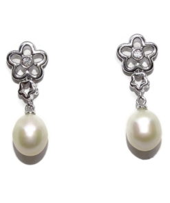 Pendientes de oro blanco de 18k con 2 flores con circonitas y perlas cultivadas de 8mm