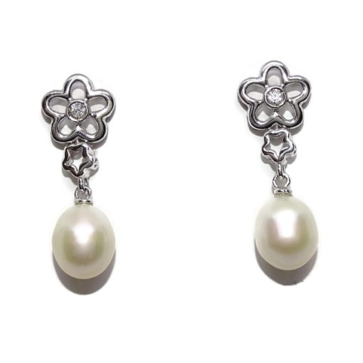 Pendientes de oro blanco de 18k con 2 flores con circonitas y perlas cultivadas de 8mm