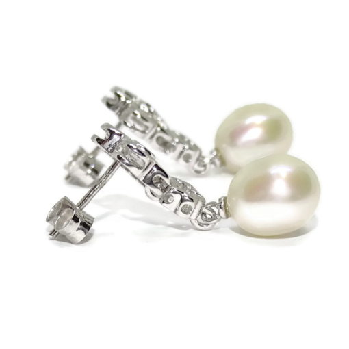 Pendientes de oro blanco de 18k con 2 flores con circonitas y perlas cultivadas de 8mm - Imagen 4