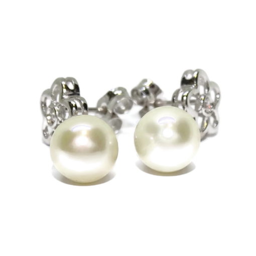 Pendientes de oro blanco de 18k con 2 flores con circonitas y perlas cultivadas de 8mm - Imagen 5
