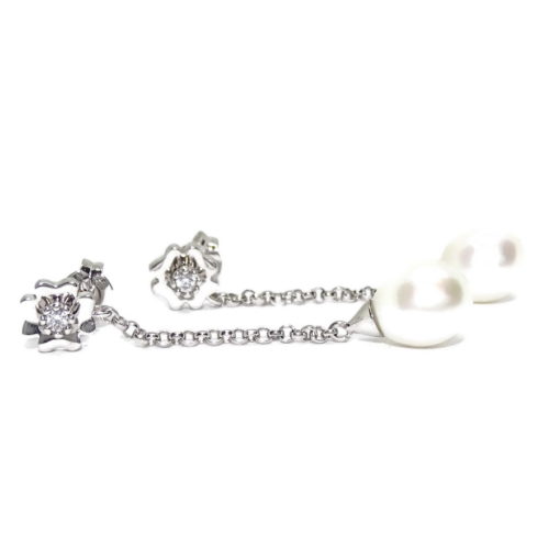 Pendientes de oro blanco de 18k con circonita y perla cultivada de 9mm largos 4.60cm con cadena rolo y cierre presión. - Imagen 5