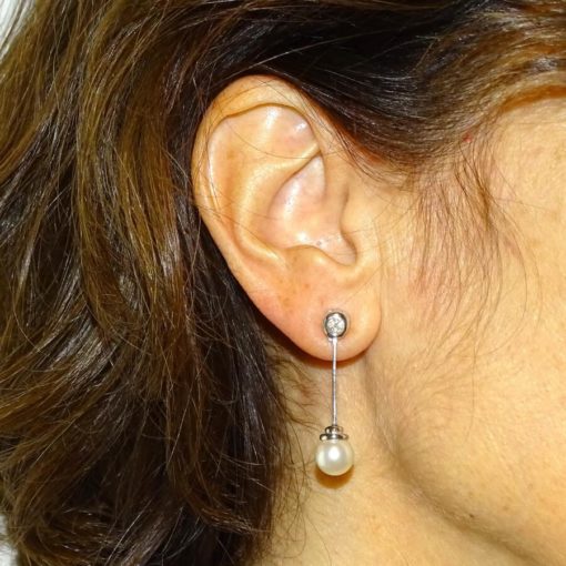 Pendientes largos diamantes y perla oro blanco - Imagen 2