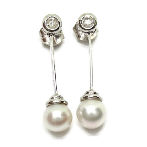 Pendientes largos diamantes y perla oro blanco