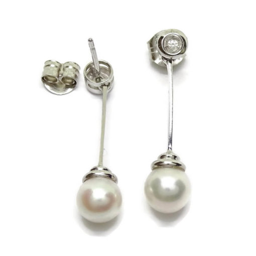 Pendientes largos diamantes y perla oro blanco - Imagen 4