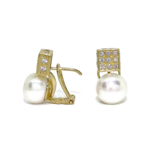 Pendientes de oro amarillo de 18k con circonitas y perlas cultivada de 10mm cierre omega - Imagen 3