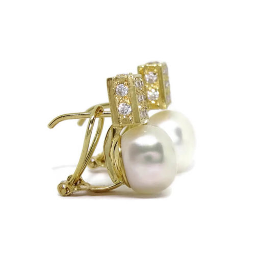 Pendientes de oro amarillo de 18k con circonitas y perlas cultivada de 10mm cierre omega - Imagen 6