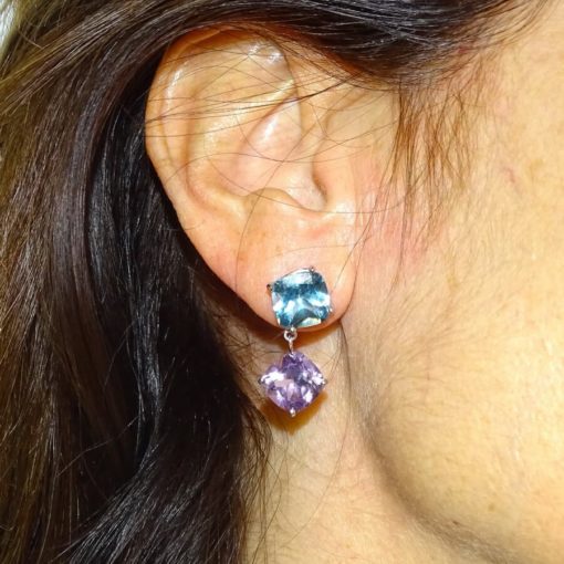 Preciosos pendientes de oro blanco de 18k con piedras preciosas, topacios y amatistas. - Imagen 2