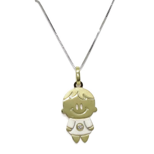 Colgante Niño de Oro Bicolor de 18k con una circonita de la Mejor Calidad y Cadena Veneciana de 45cm