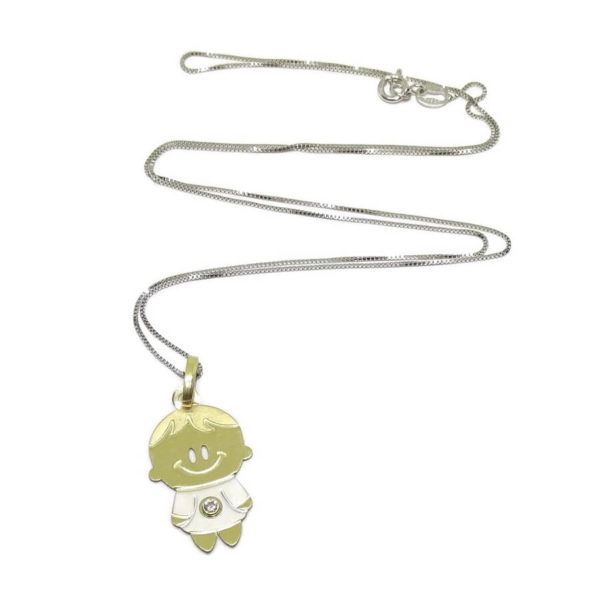 Colgante Niño de Oro Bicolor de 18k con una circonita de la Mejor Calidad y Cadena Veneciana de 45cm - Imagen 3