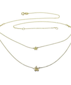 Moderno Collar Doble de Oro Amarillo de 18k con Cadena Mini Forzada y 2 Flores de 5 pétalos a Dos Alturas