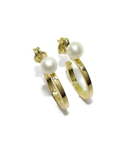 Pendientes tipo aro de oro amarillo de 18k de tubo cuadrado con 2 perlas cultivadas redondas de 4mm para niña y mujer