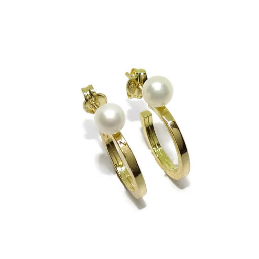 Pendientes tipo aro de oro amarillo de 18k de tubo cuadrado con 2 perlas cultivadas redondas de 4mm para niña y mujer