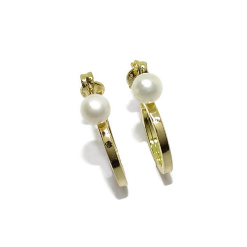 Pendientes tipo aro de oro amarillo de 18k de tubo cuadrado con 2 perlas cultivadas redondas de 4mm para niña y mujer - Imagen 8