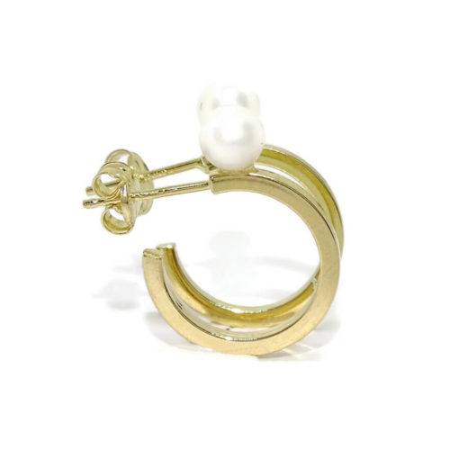 Pendientes tipo aro de oro amarillo de 18k de tubo cuadrado con 2 perlas cultivadas redondas de 4mm para niña y mujer - Imagen 7