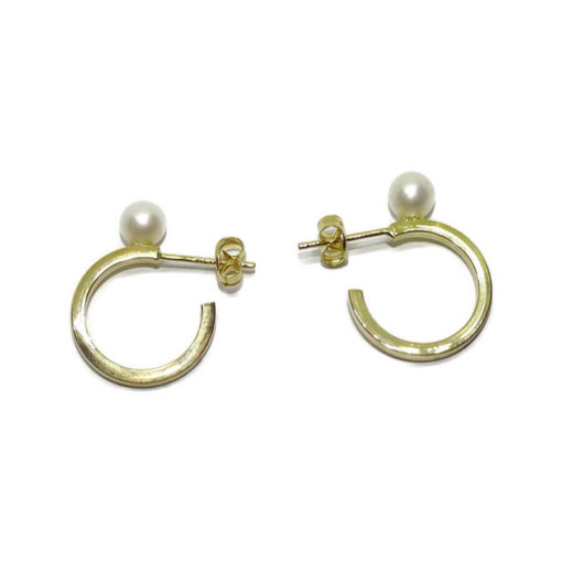 Pendientes tipo aro de oro amarillo de 18k de tubo cuadrado con 2 perlas cultivadas redondas de 4mm para niña y mujer - Imagen 6