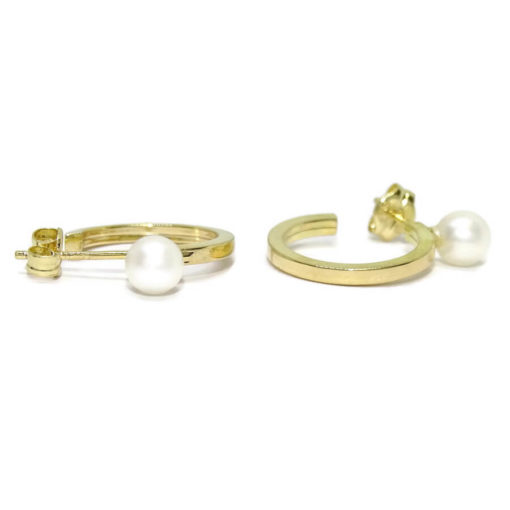 Pendientes tipo aro de oro amarillo de 18k de tubo cuadrado con 2 perlas cultivadas redondas de 4mm para niña y mujer - Imagen 5