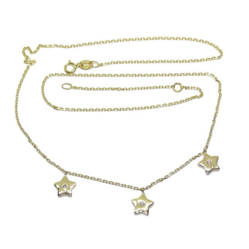 Collar de oro amarillo de 18k y 3 diamantes de 0.05cts con motivos de estrellas de 7mm