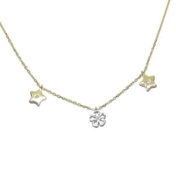 Collar de oro bicolor de 18k y 3 diamantes de 0.05cts con motivo central de flor en oro blanco de 18k y 2 estrellas a los lados de oro amarillo de 18k - Imagen 6