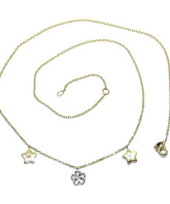 Collar de oro bicolor de 18k y 3 diamantes de 0.05cts con motivo central de flor en oro blanco de 18k y 2 estrellas a los lados de oro amarillo de 18k