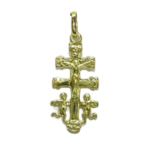 Cruz de Caravaca con Sus 2 emblematicos angelitos Toda de Oro de 18k. 1.35gr de Oro de 18k