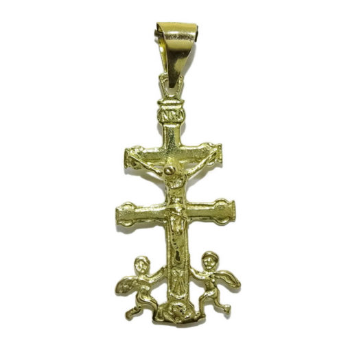 Cruz de Caravaca con 2 angelitos a Sus pies Toda de Oro de 18k. 1.70gr de Oro de 18k