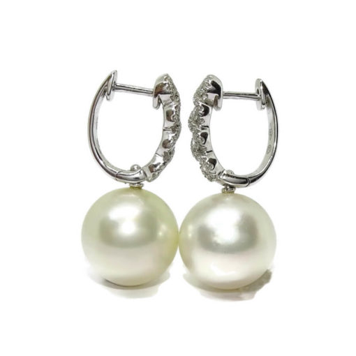 pendientes de oro blanco de 18k con 0.56cts y 2 perlas australianas de 13mm - Imagen 6