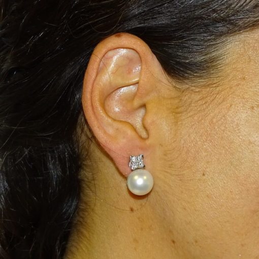 pendientes de oro blanco de 18k con 10 diamantes y 2 perlas australianas de 12mm. - Imagen 2