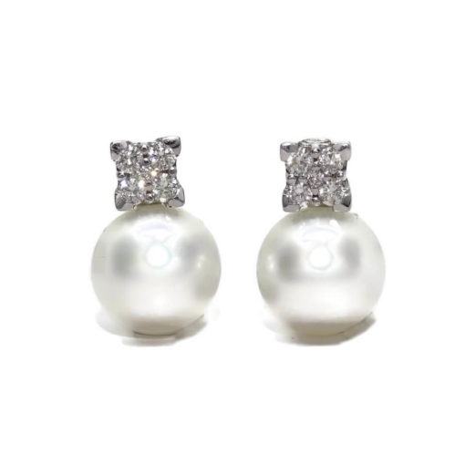 pendientes de oro blanco de 18k con 10 diamantes y 2 perlas australianas de 12mm.