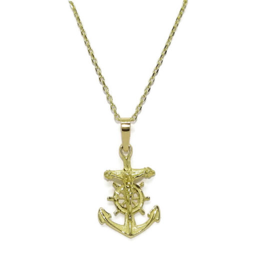 cruz marinera de oro amarillo de 18k con el cuerpo de Cristo y cadena forzada