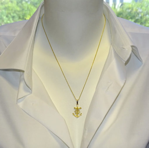 cruz marinera de oro amarillo de 18k con el cuerpo de Cristo y cadena forzada - Imagen 2