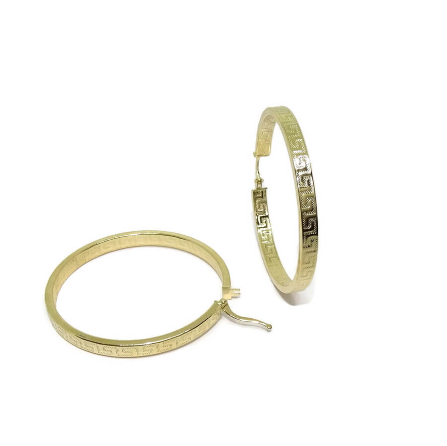 Aros grandes de oro amarillo de 18k con greca, tubo cuadrado de 4mm y 4.40cm de diámetro exterior. 3.80gr - Imagen 5